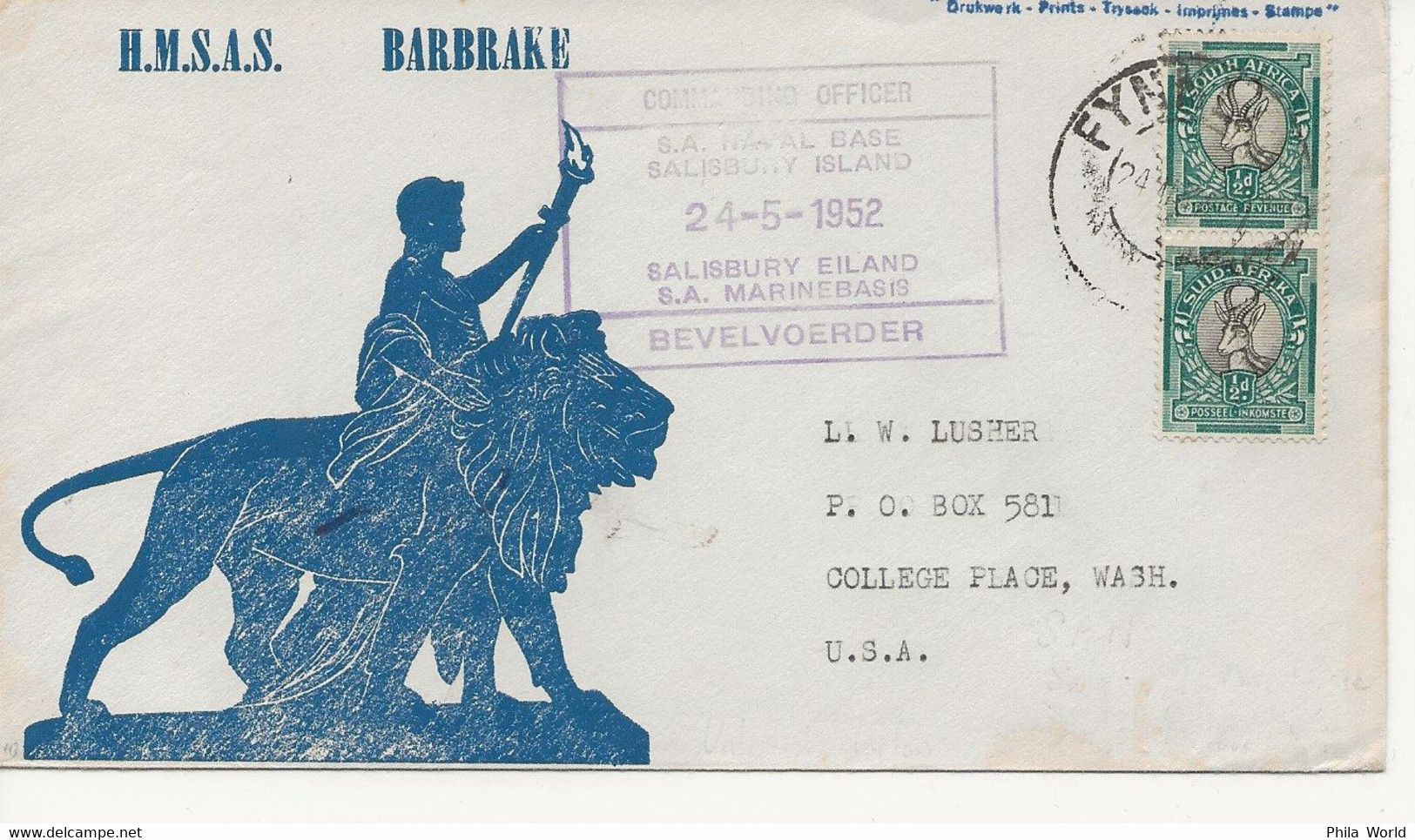 MARITIME MAIL 1952 COMMEMORATIVE COVER From Salisbury Island HMSAS BARBRAKE ( LATER " FLEUR " ) To USA With NAVAL CACHET - Bateaux