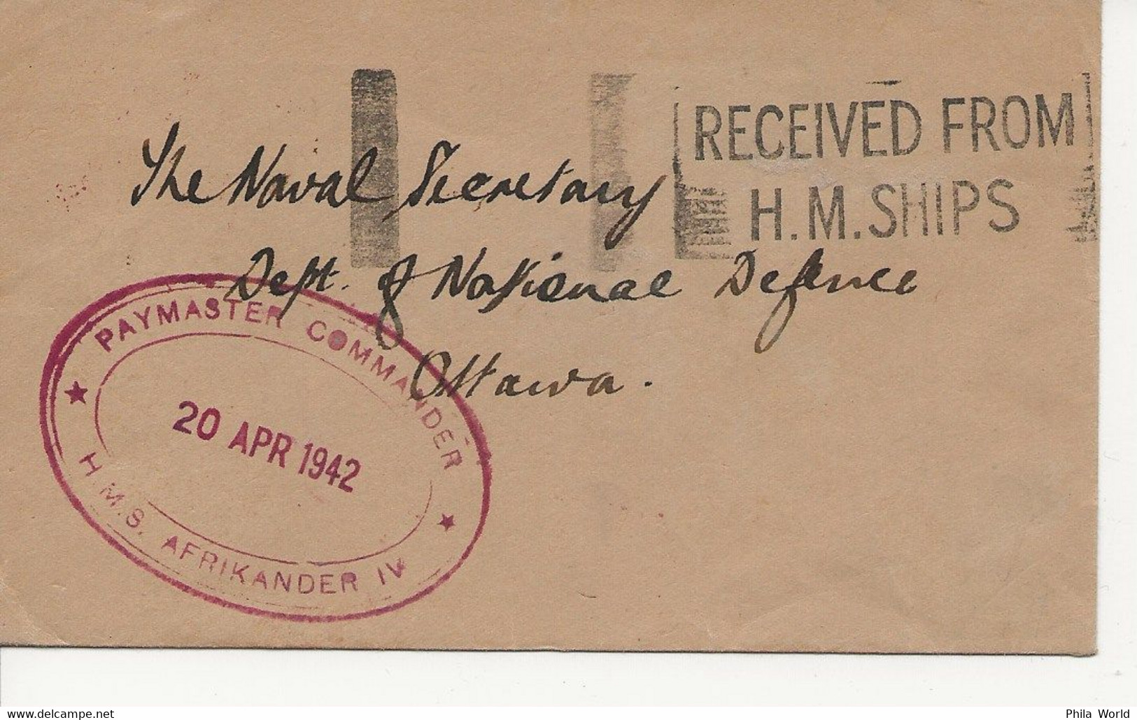 WW2 MARITIME MAIL 1942 DURBAN To OTTAWA CANADA FRANK Of PAYMASTER COMMANDER RECEIVED From HM SHIPS APPLIED In DURBAN - Boten