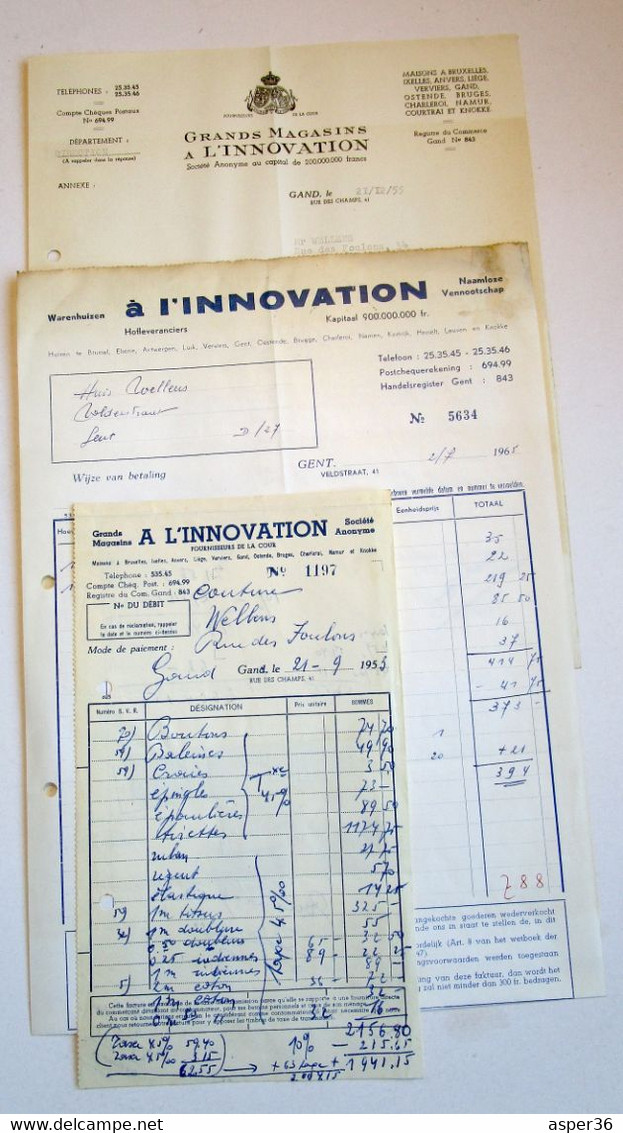 3 Facturen "Innovation, Veldstraat Gent 1953, 1955 & 1965" - 1900 – 1949