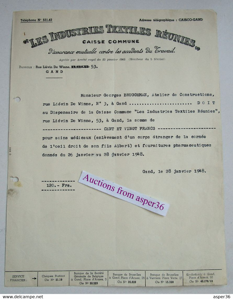 "Les Industries Textiles Réunies" Assurance Accidents Du Travail, Rue Liévin De Winne, Gent 1948 - 1900 – 1949