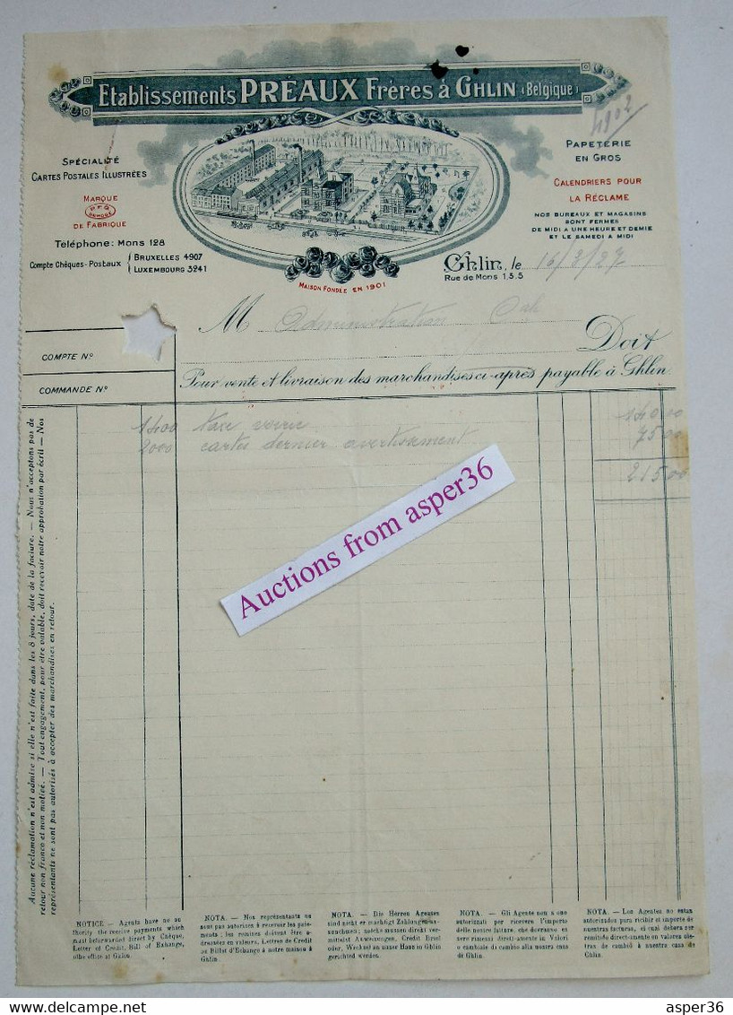 Cartes Postales, Papeterie En Gros, Ets Préaux Frères, Rue De Mons, Ghlin 1927 - 1900 – 1949
