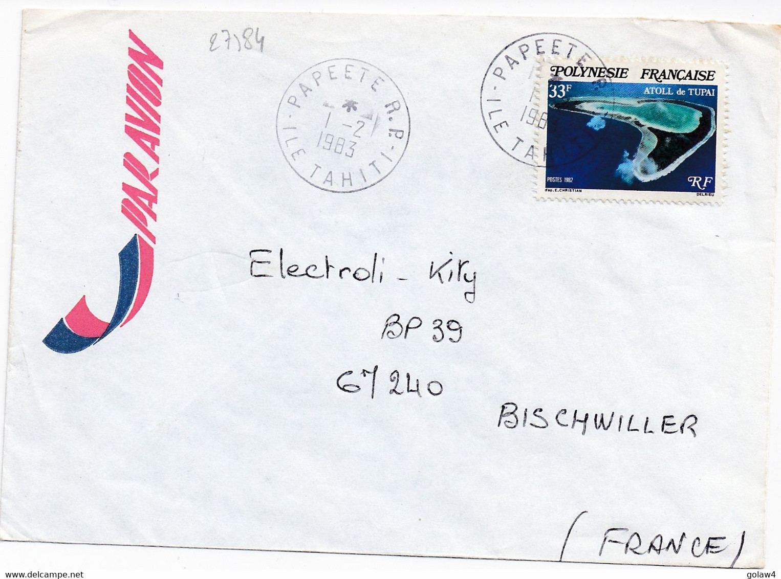 27184# POLYNESIE FRANCAISE LETTRE PAR AVION Obl PAPEETE RP ILE TAHITI 1983 Pour BISCHWILLER BAS RHIN ALSACE - Tahiti