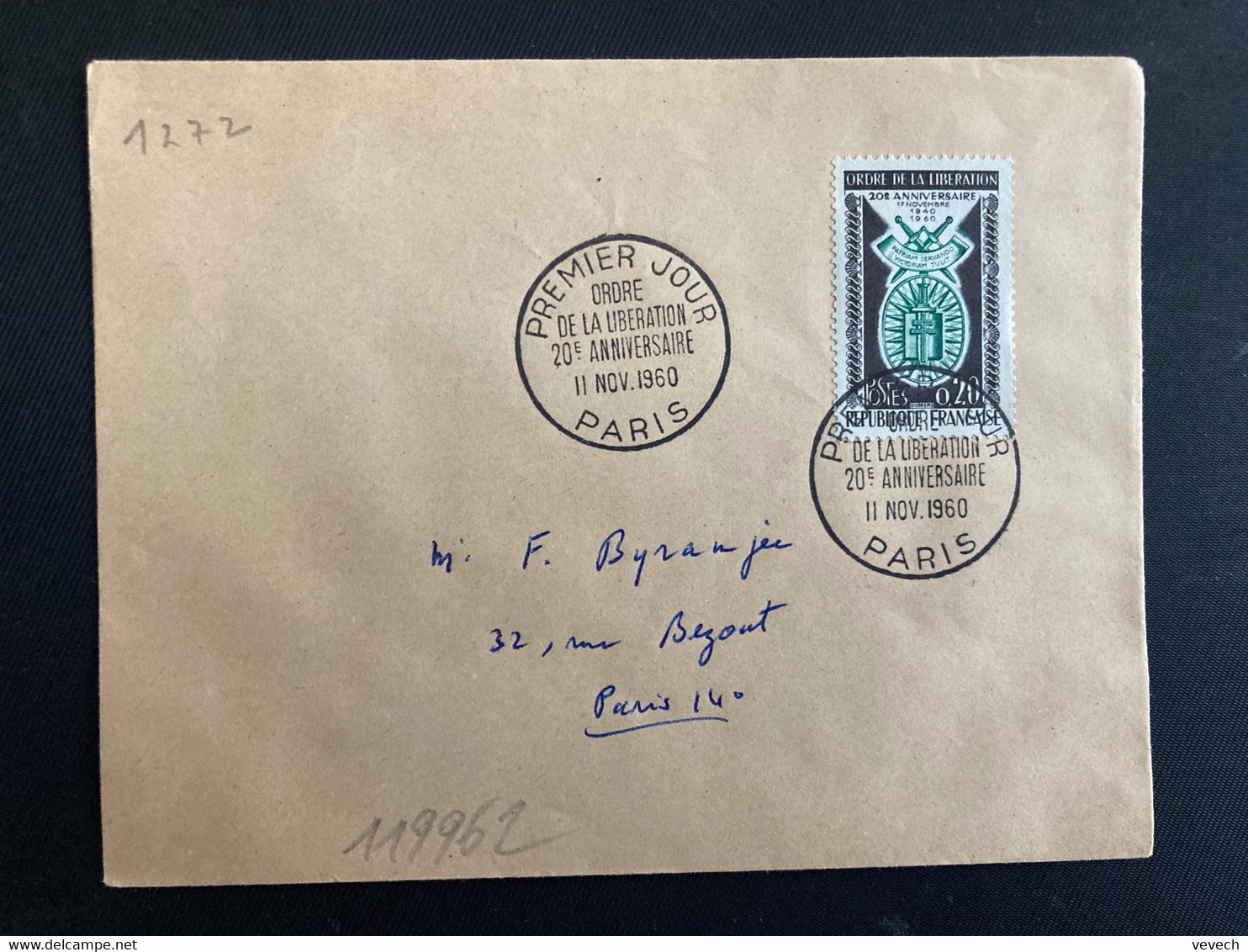 LETTRE TP YT 1272 ORDRE DE LA LIBERATION0,20 OBL.11 NOV 1960 PARIS PREMIER JOUR - Guerre Mondiale (Seconde)