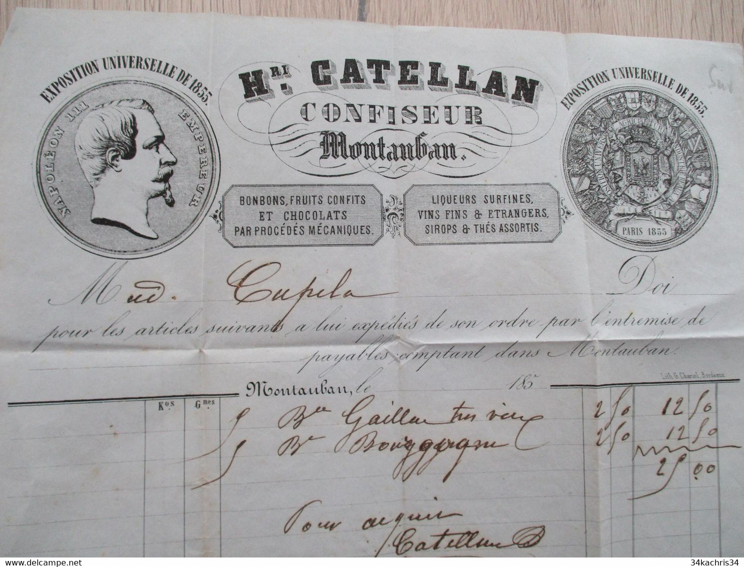 Facture Illustrée Montauban Cattelan Confiseur 1850 - Lebensmittel