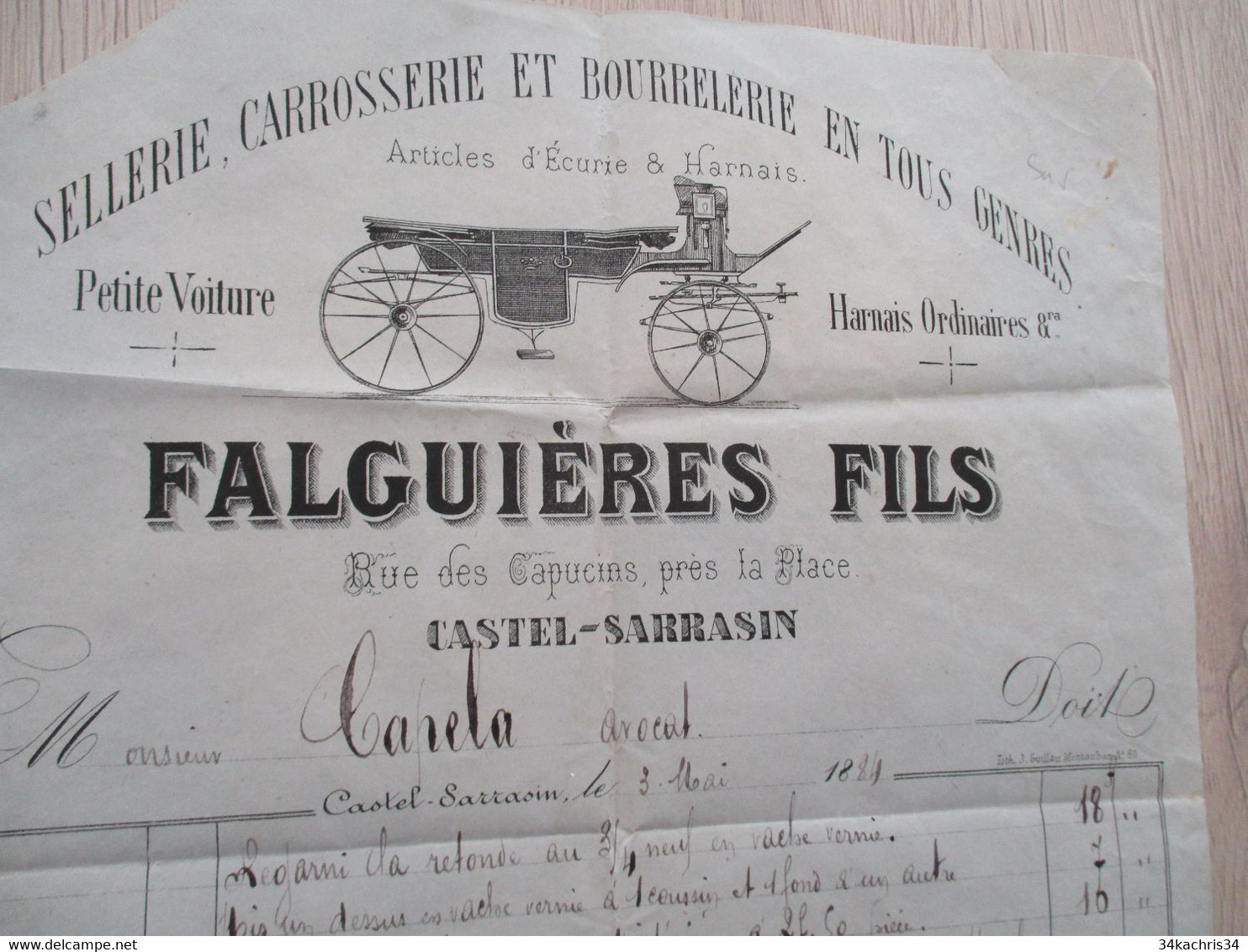 Facture Illustrée Castelsarrasin  1884 Falguières Sellerie Carrosserie Bourrellerie Un Manque - Straßenhandel Und Kleingewerbe