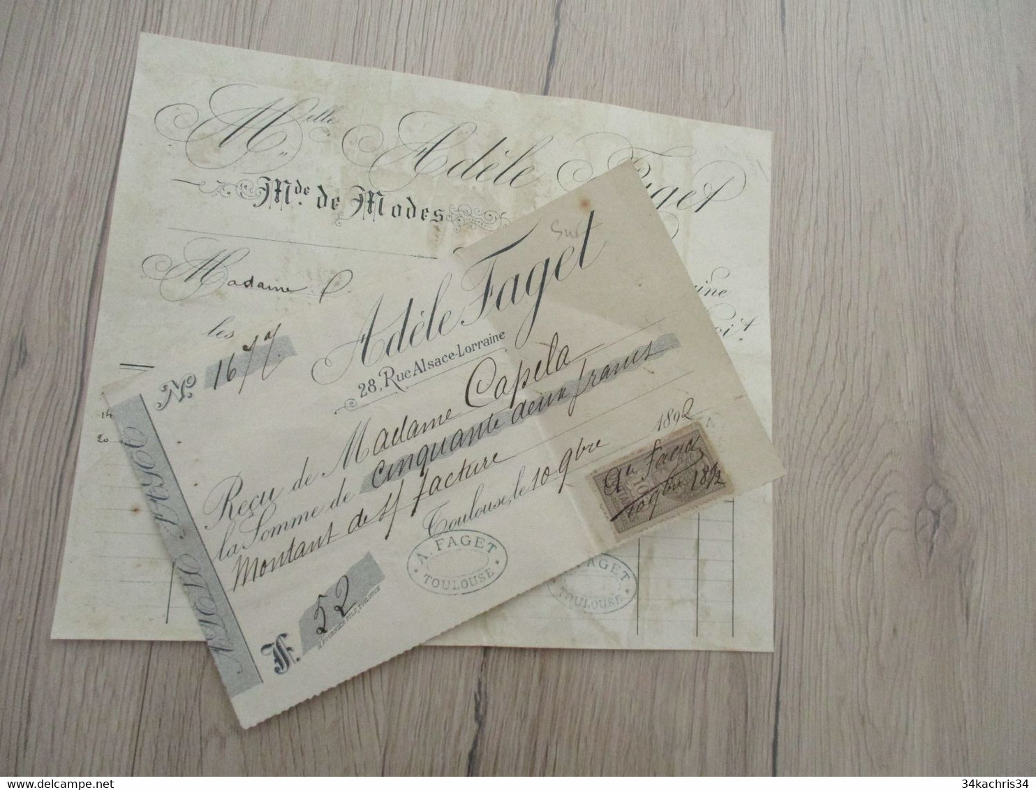 Facture Toulouse 1892 Adèle Paget + Chèque Modes Habillements - Kleding & Textiel