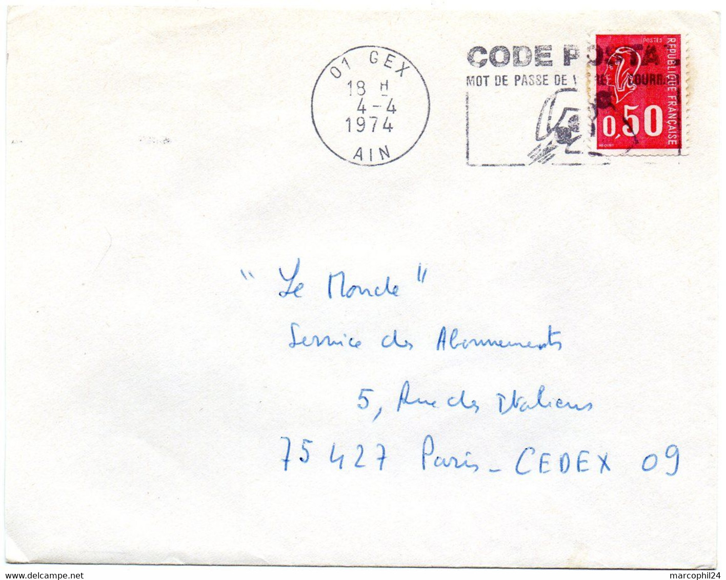 AIN - Dépt N° 01 = GEX 1974 = FLAMME à DROITE = SECAP Illustrée   'CODE POSTAL / MOT DE PASSE ' - Código Postal