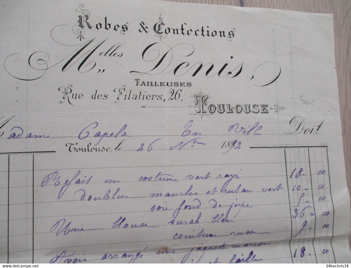 Facture Toulouse 1892 Mlles Denis Tailleuses Robes Et Confections - Kleidung & Textil