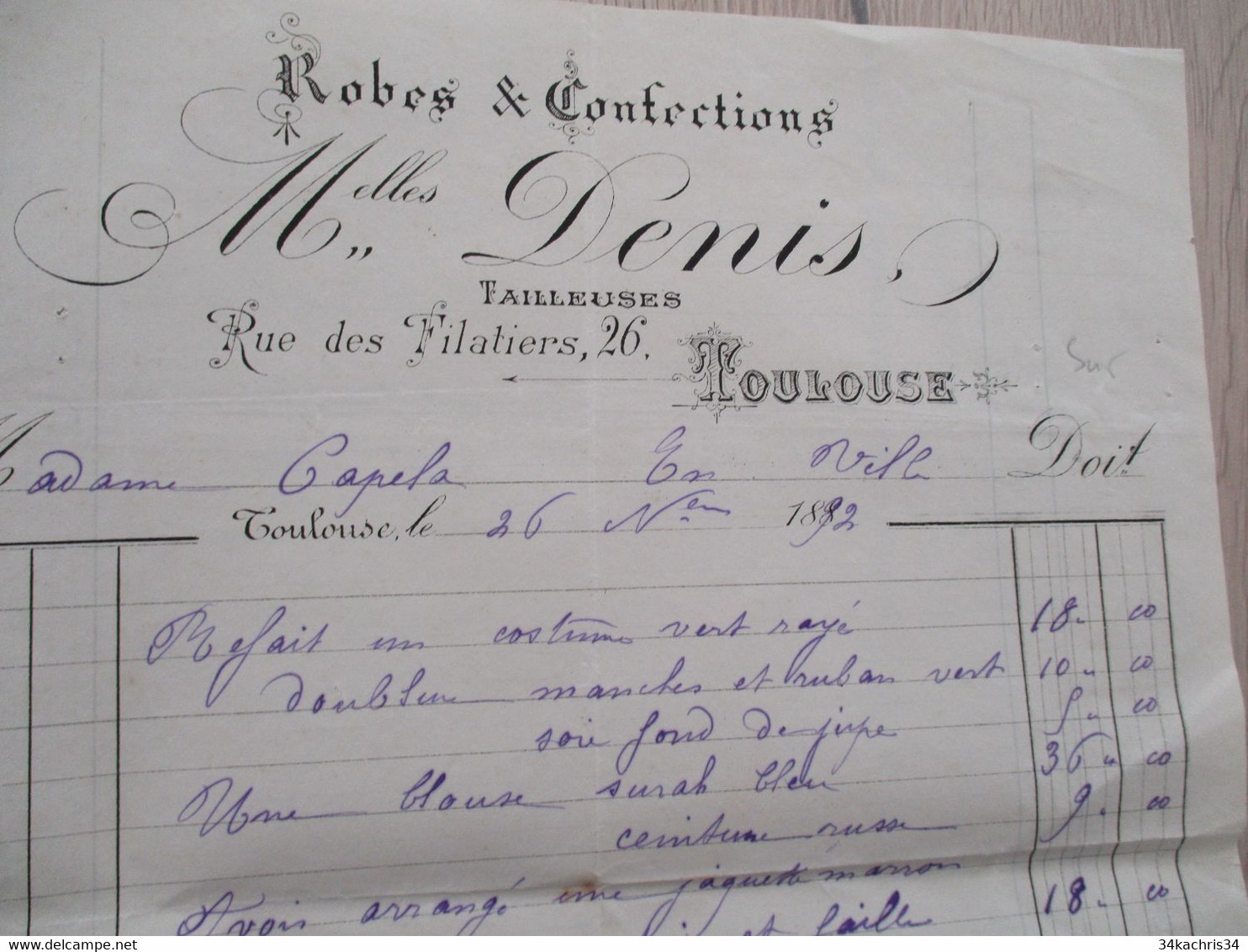 Facture Toulouse 1892 Mlles Denis Tailleuses Robes Et Confections - Textile & Vestimentaire