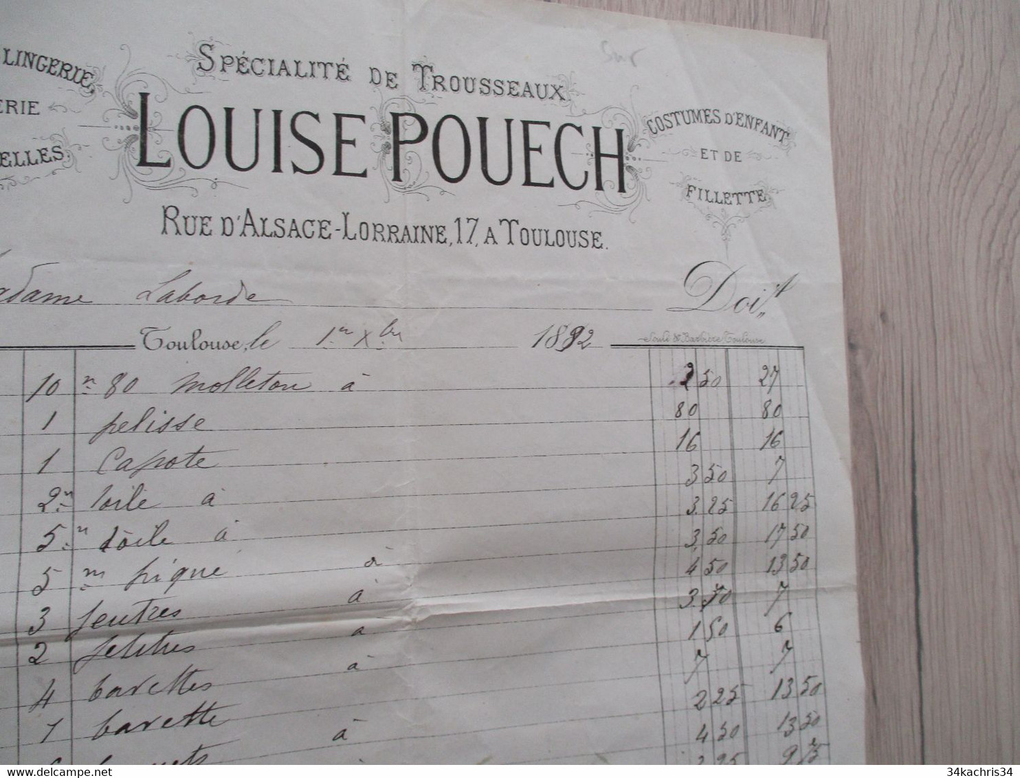 Facture Toulouse 1892 Louise Pouech Spécialité De Trousseaux - Kleidung & Textil