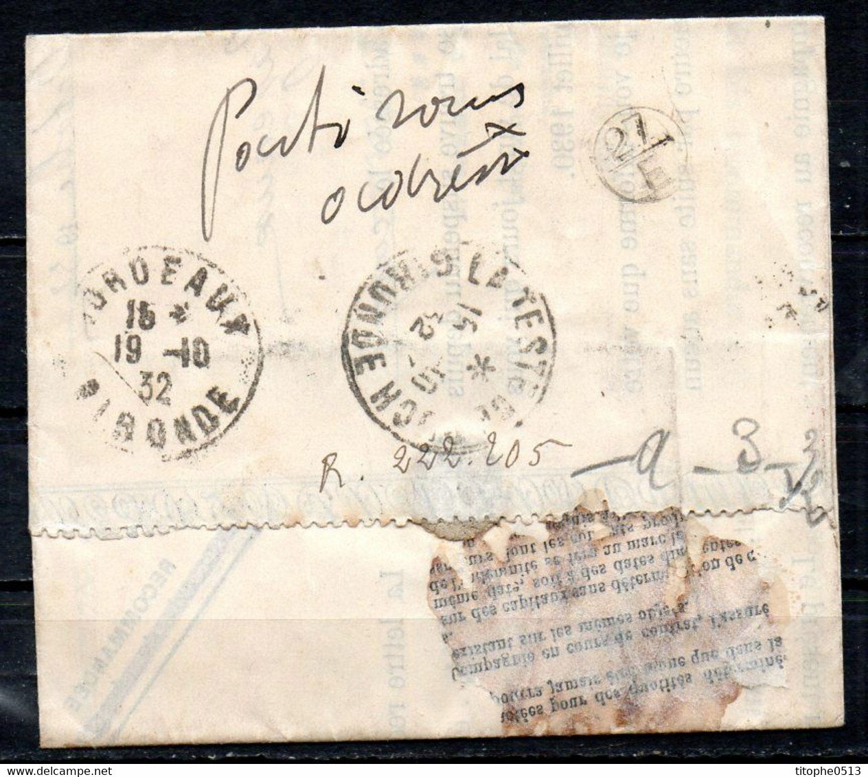 FRANCE. Enveloppe De 1932. Retour à L'envoyeur/Parti Sans Laisser D'adresse. Oblitération : Bordeaux. - Lettres & Documents