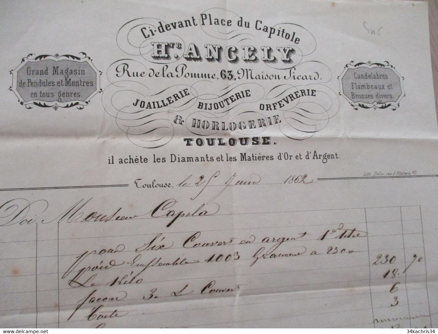 Facture Toulouse 1862 Hte Ancely Joaillerie Bijouterie Orfèvrerie Horlogerie - Petits Métiers