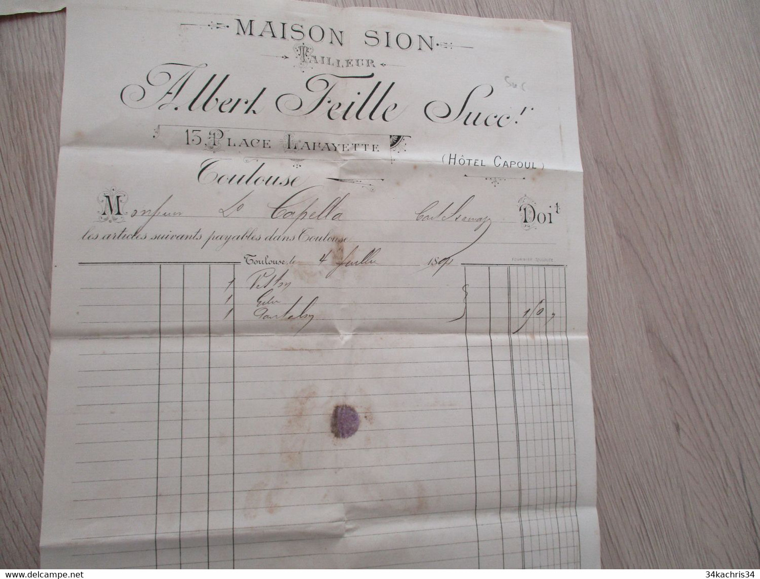 Facture Toulouse + Chèque Maison Sion A.Feille Tailleur 1891 - Straßenhandel Und Kleingewerbe