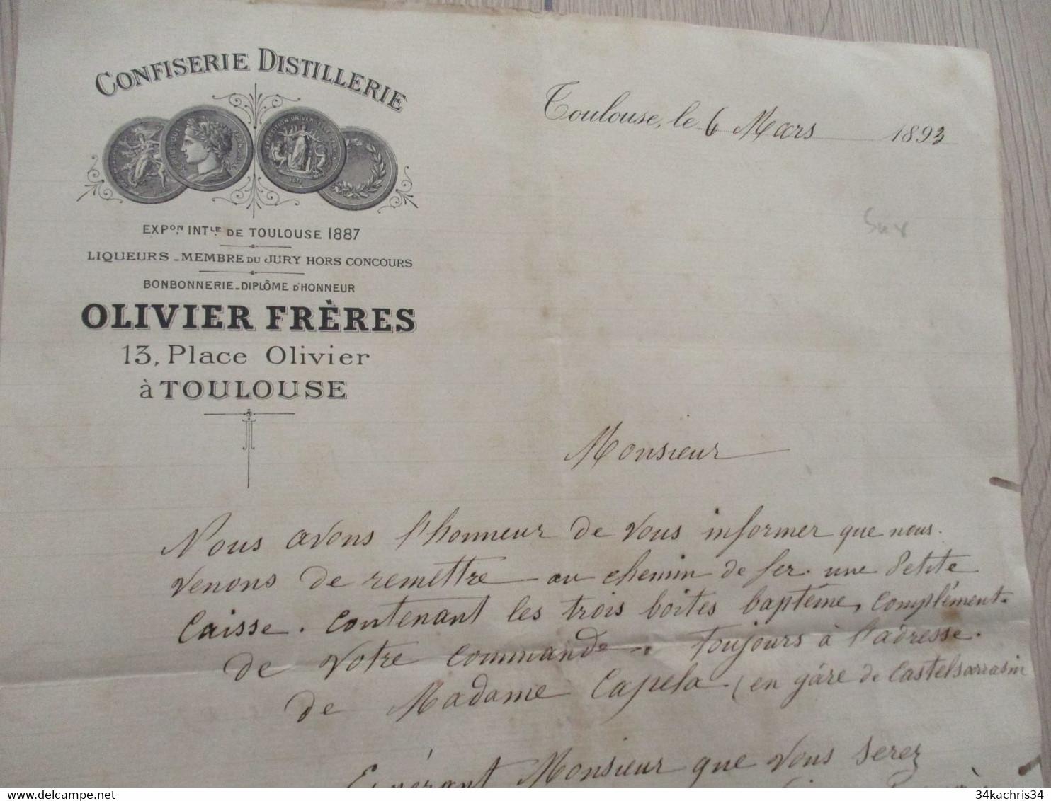 Facture Toulouse 1893 Olivier Frères Confiserie Distillerie - Alimentare