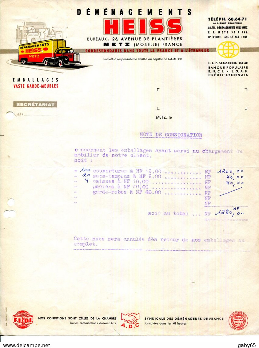 FACTURE.57.METZ.DEMENAGEMENTE HEISS 26 AVENUE DE PLANTIERES. - Transports