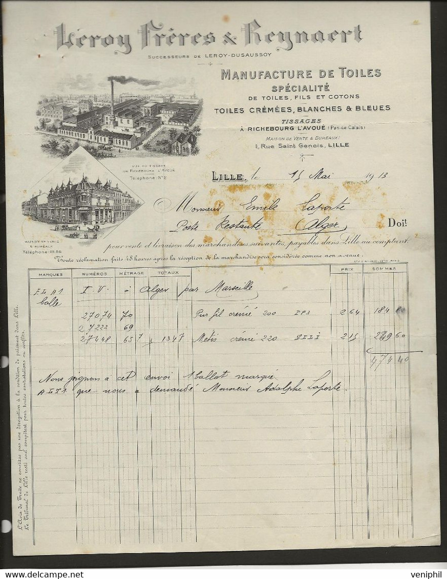 FACTURE ILLUSTREE LEROY FRERES ET REYNAERT -MANUFACTURE DE TOILES -LILLE -ANNEE 1913 - Kleidung & Textil