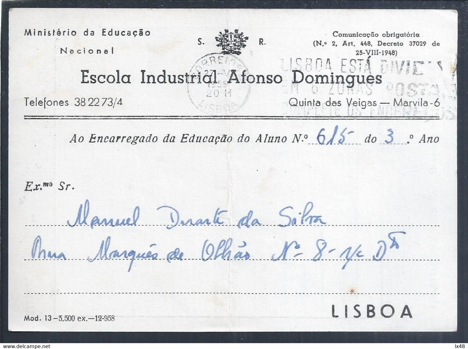 Postal Isento De Porte (SR) Decreto 37029 De 1948, Da Escola Industrial Afonso Domingos De Lisboa De 1959. Postage - Storia Postale