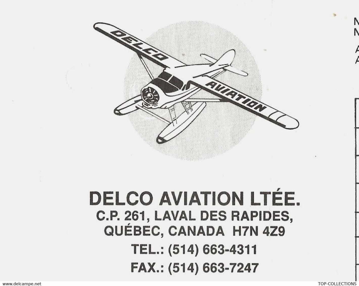 BILLET AVIATION HYDRAVION TOURISME DELCO AVIATION Ltée Québec Canada Survol Les Laurentides 1991 VOIR SCANS - Mondo