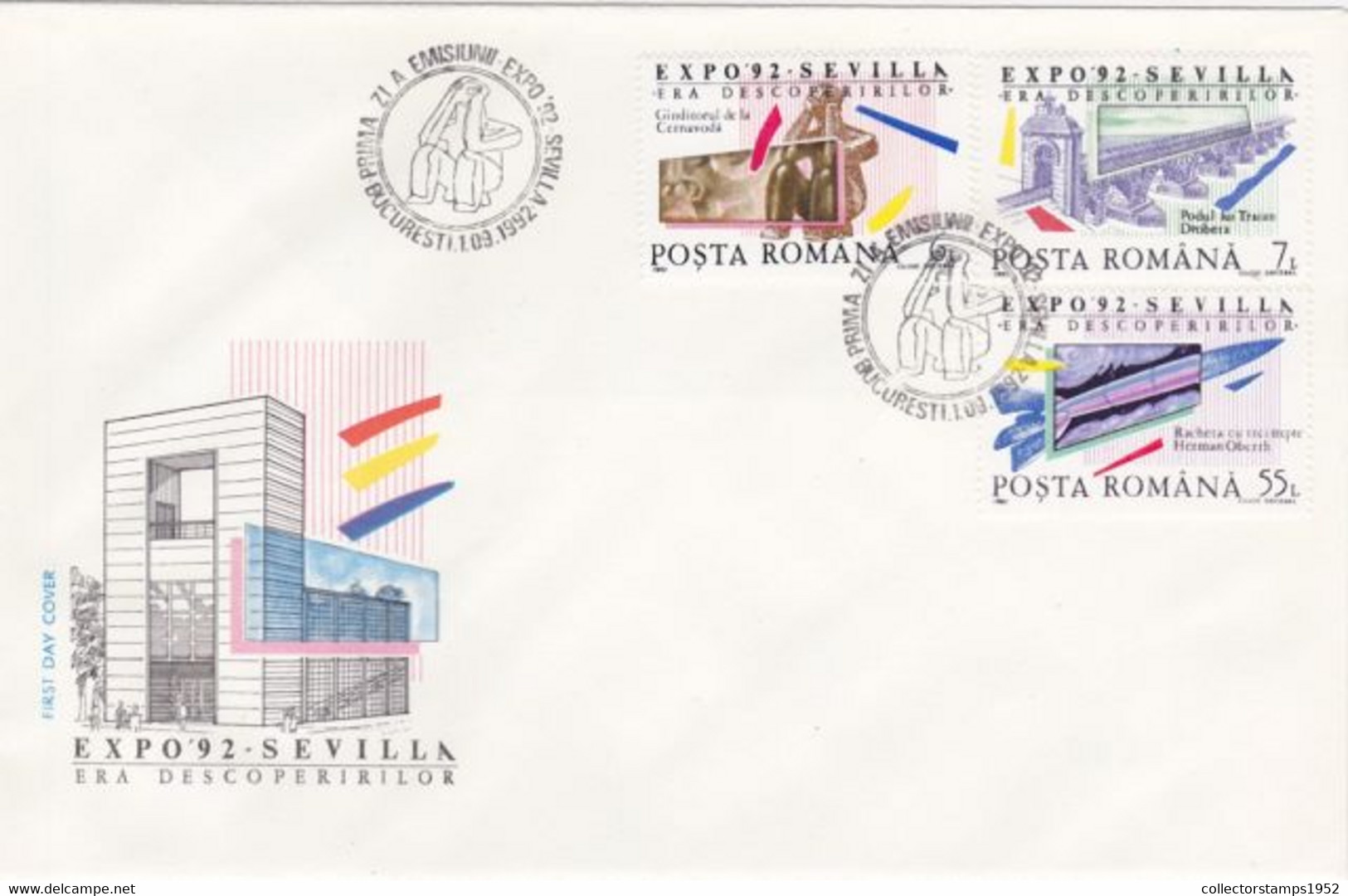 8845FM- SEVILLA 1992 UNIVERSAL EXHIBITION, COVER FDC, 1992, ROMANIA - 1992 – Séville (Espagne)