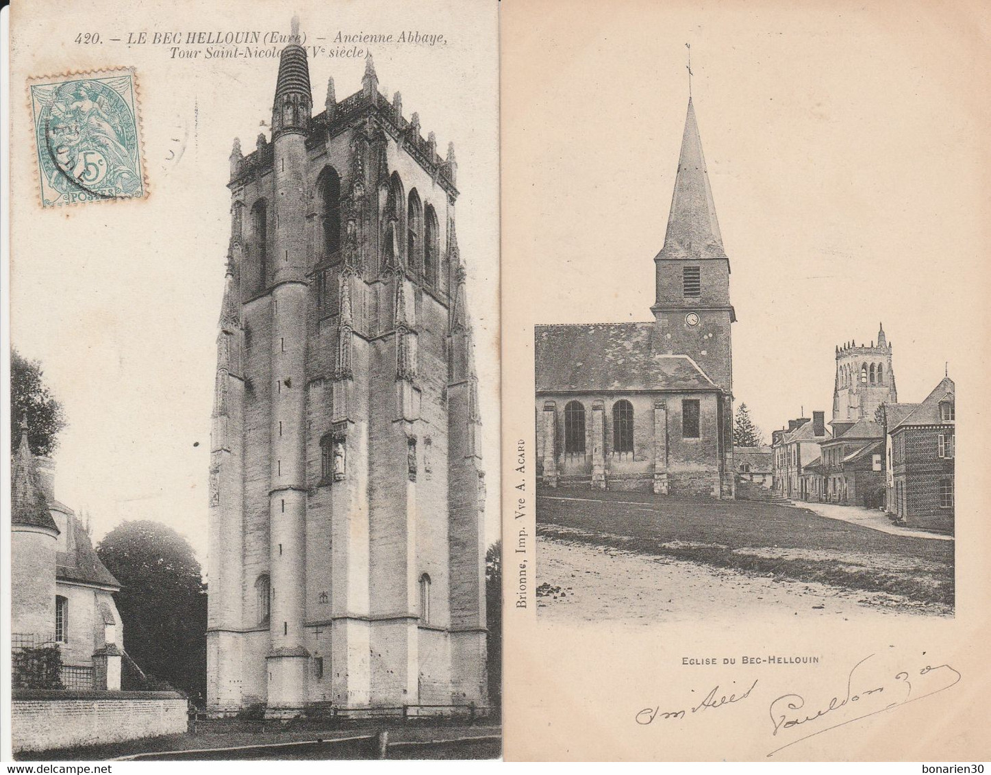 2 CPA  27 BEC-HELLOUIN EGLISE + TOUR ST NICOLAS - Aubevoye