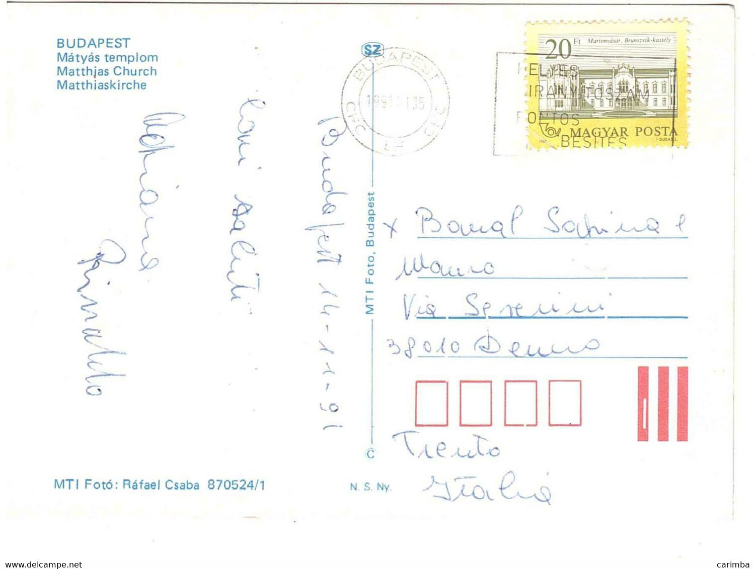 1991 CARTOLINA BUDAPEST PER ITALIA - Cartas & Documentos