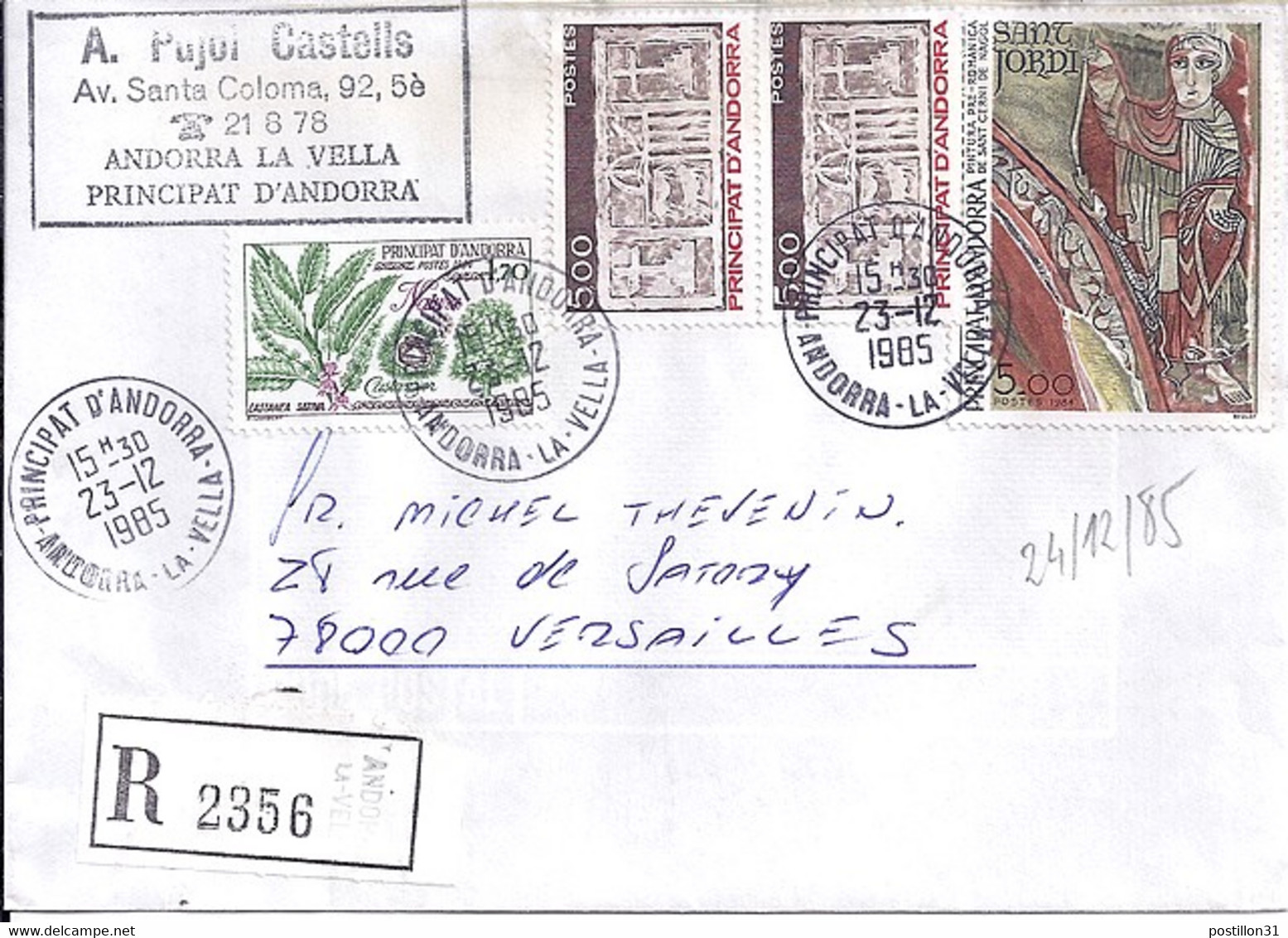 ANDORRE N°334/324x2/331 SUR L. REC. DU 23.12.85 - Lettres & Documents