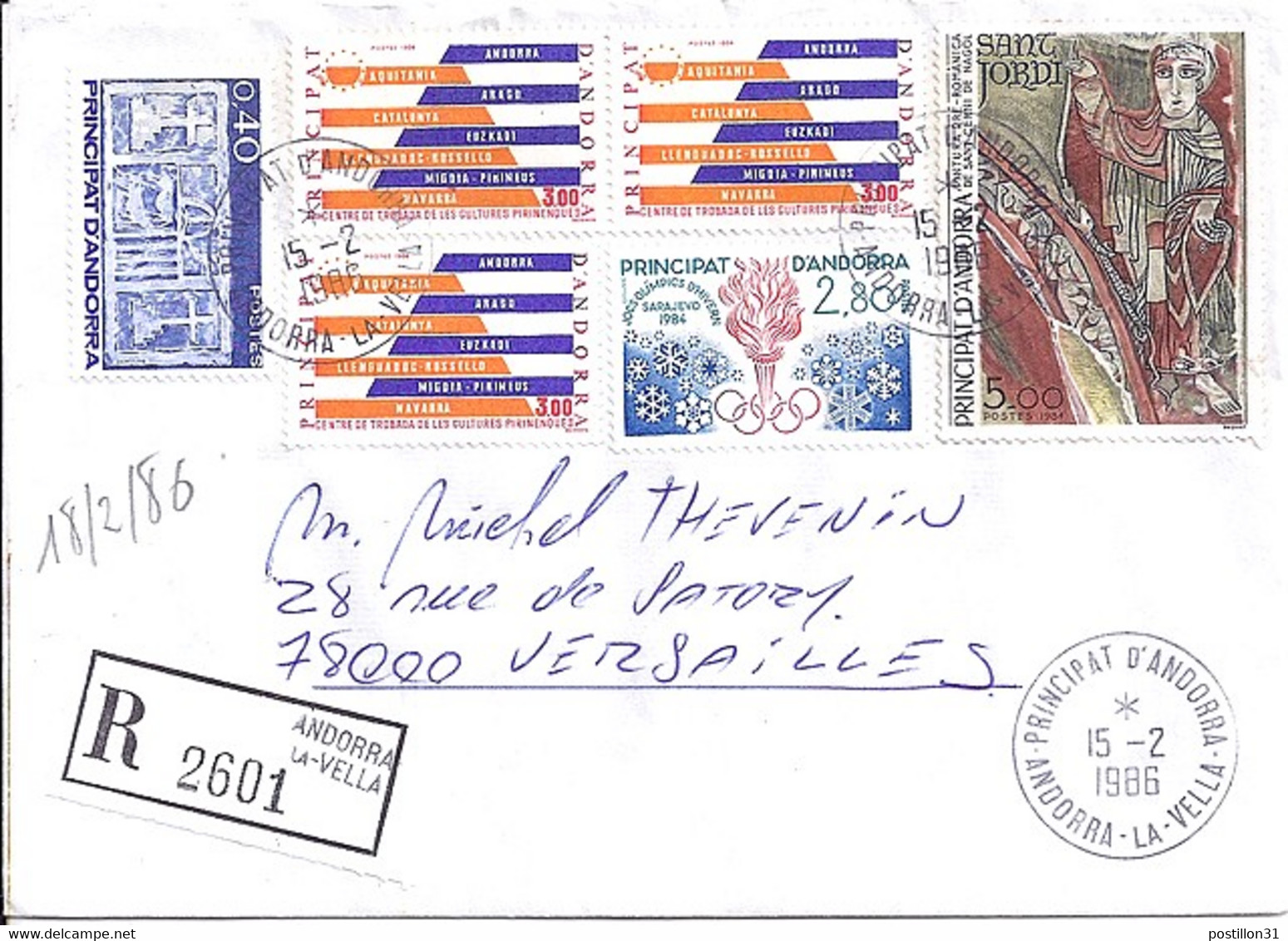 ANDORRE N°334/333x3/327/320 SUR L. REC. DU 15.2.86 - Storia Postale