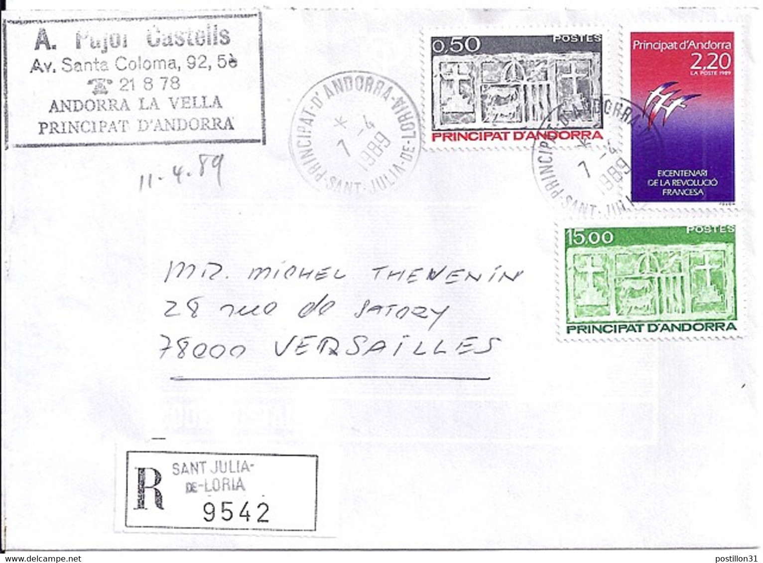 ANDORRE N°347/321/376 SUR L. REC. DU 7.4.89 DE ST JULIA DE LORIA - Brieven En Documenten