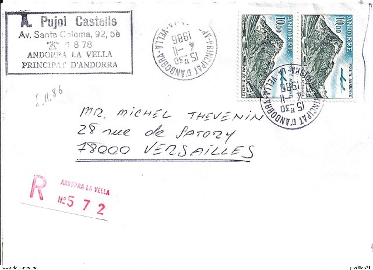 ANDORRE N°PA8 X 2 SUR L. REC. DU 4.11.86 - Cartas & Documentos