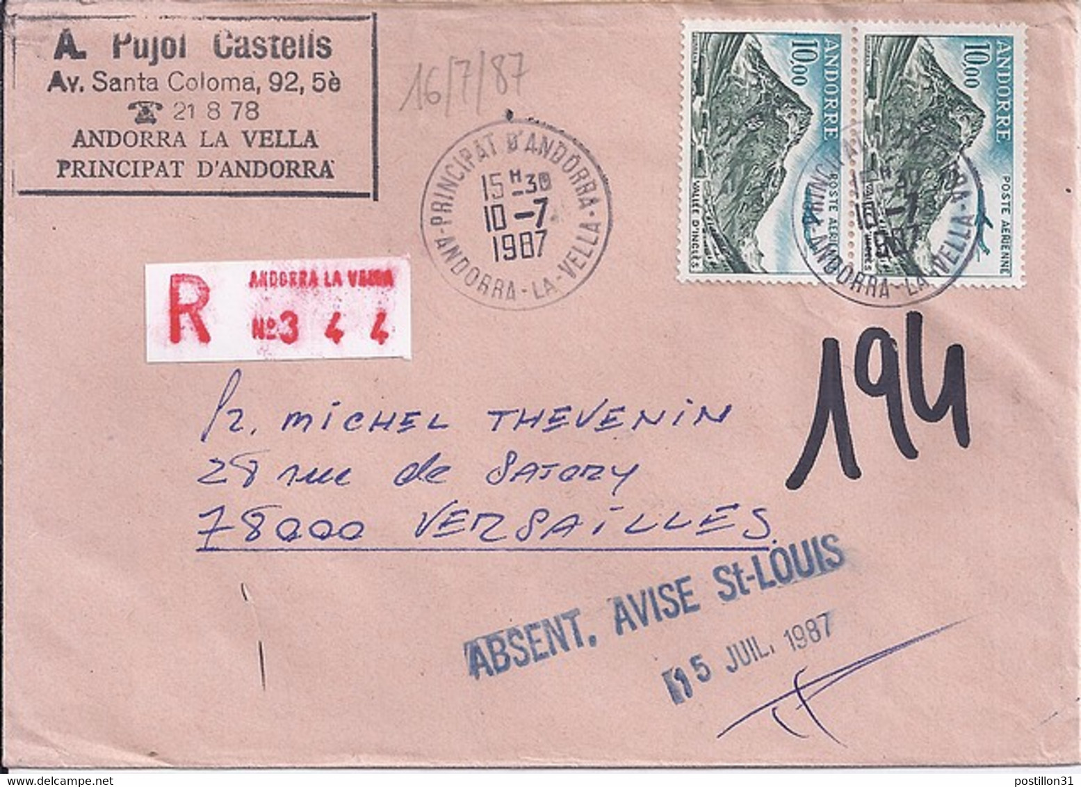 ANDORRE N°PA8 X 2 SUR L. REC. DU 10.7.87 - Storia Postale