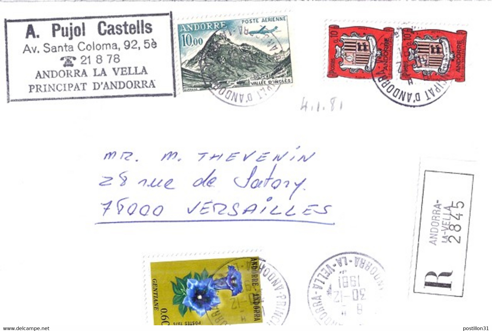 ANDORRE N°PA8/245/155x2 SUR LETTRE REC. DU 30.12.81 - Lettres & Documents