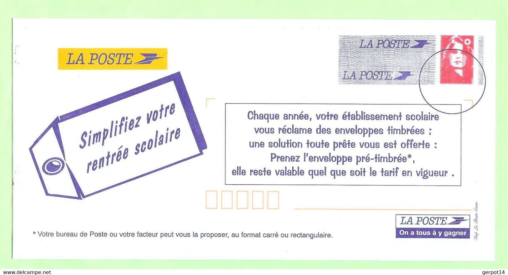 PAP ENV TSC De La Poste Rentree Scolaire - Prêts-à-poster:Stamped On Demand & Semi-official Overprinting (1995-...)