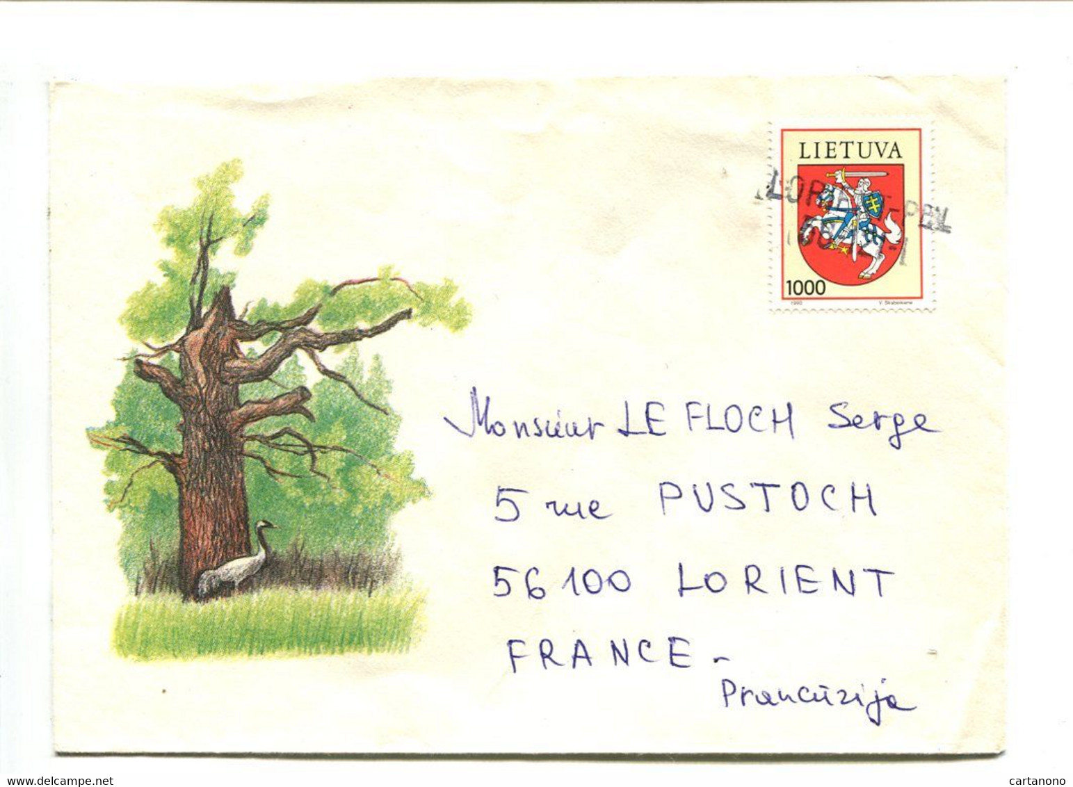 LITUANIE - Affranchissement Seul Sur Lettre Illustrée - Timbre Annulé à L'arrivée LORIENT - Arbre / Oiseau - Lituanie