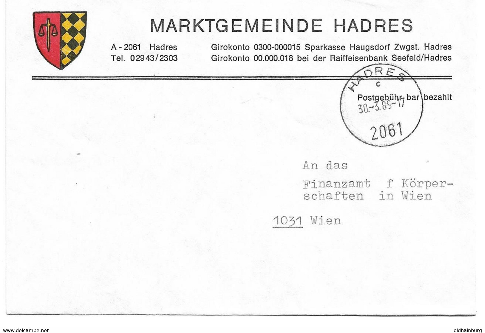 2005s: Heimatsammler Gemeindekuvert 2061 Hadres, Gemeindewappen, Sehr Dekorativ Aus 1985 - Hollabrunn
