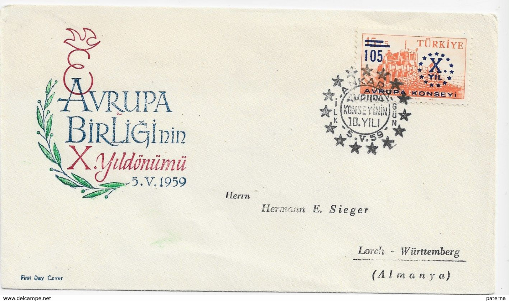 3660   FDC  Turquia Turkiye 1959,  Tema Europa, Avrupa Konseyi,  Avrupa Birliginin X .yildonumu - Covers & Documents