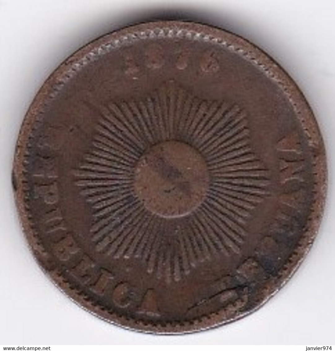 Perou Un Centavo 1876, Coin Cassé, En Bronze, KM# 187.1a - Peru