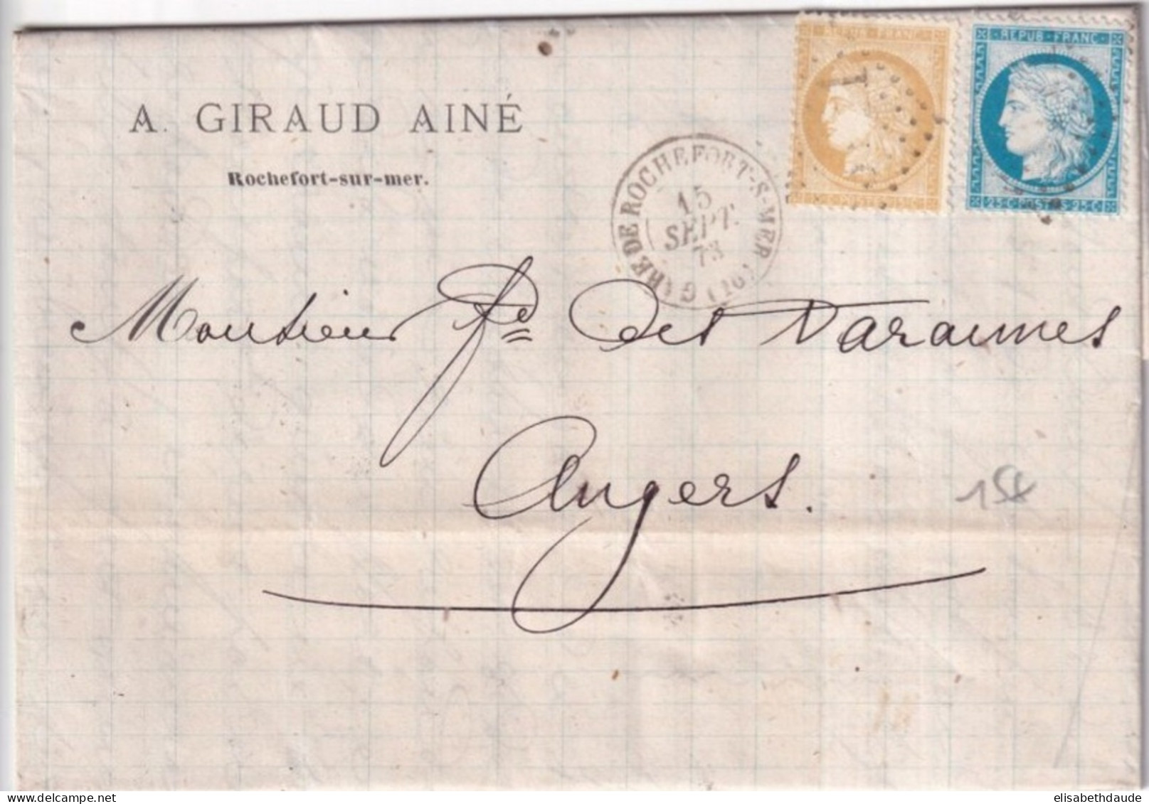 CHARENTE INF. - 1873 - CACHET GARE ROCHEFORT - LETTRE IMPRIMEE "GIRAUD" AGENCE CONSULAIRE USA PAYS-BAS SUEDE NORVEGE !! - 1871-1875 Ceres