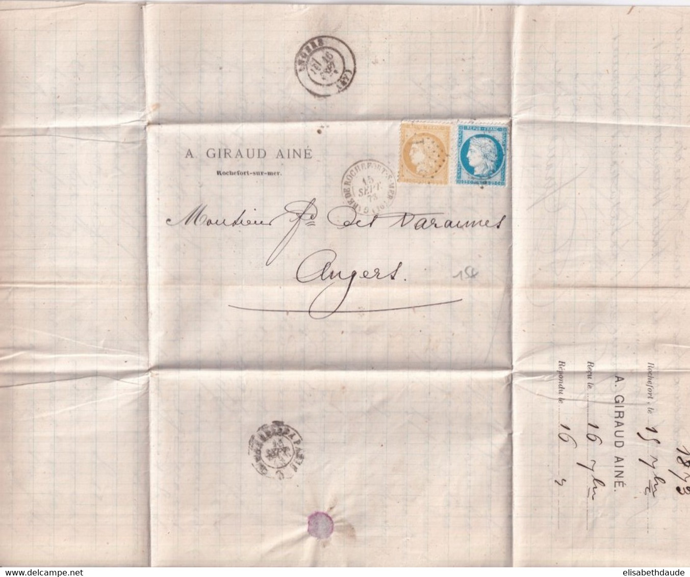 CHARENTE INF. - 1873 - CACHET GARE ROCHEFORT - LETTRE IMPRIMEE "GIRAUD" AGENCE CONSULAIRE USA PAYS-BAS SUEDE NORVEGE !! - 1871-1875 Cérès