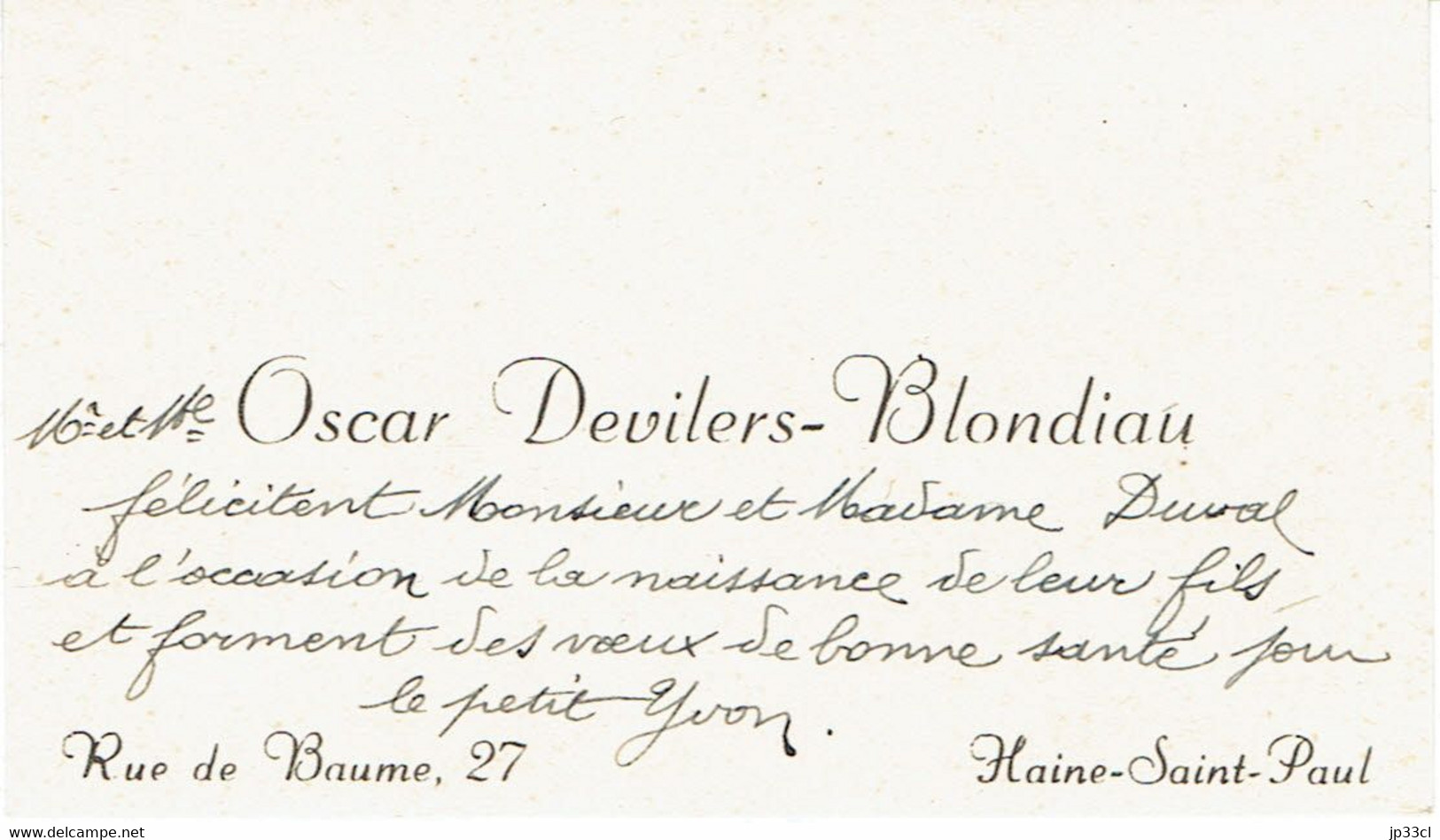 Carte De Visite Autographe De M. Et Mme Oscar Devilers-Blondiau, Rue De Baume, Haine-St-Paul (janvier 1947) - Tarjetas De Visita