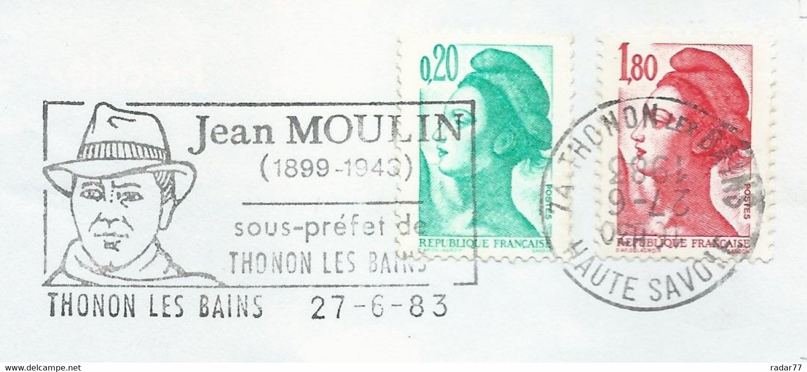 OMEC SECAP De Thonon Les Bains Avec Flamme Illustrée Jean Moulin - 27/06/1983 - Guerre Mondiale (Seconde)