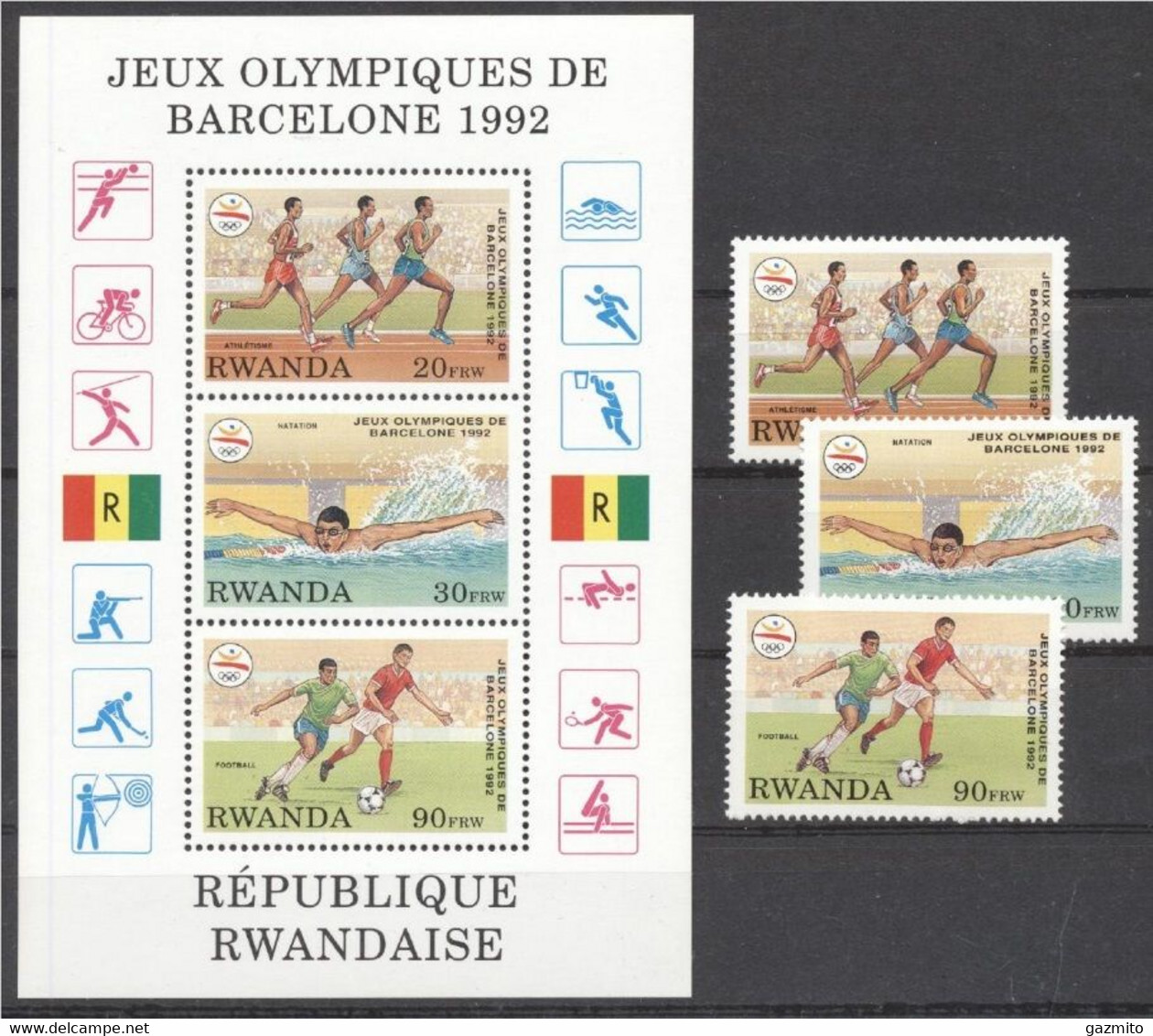 Rwanda 1992, Olympic Games In Barcellona, Athletic, Swimming, Football, 3val+BF - Ungebraucht