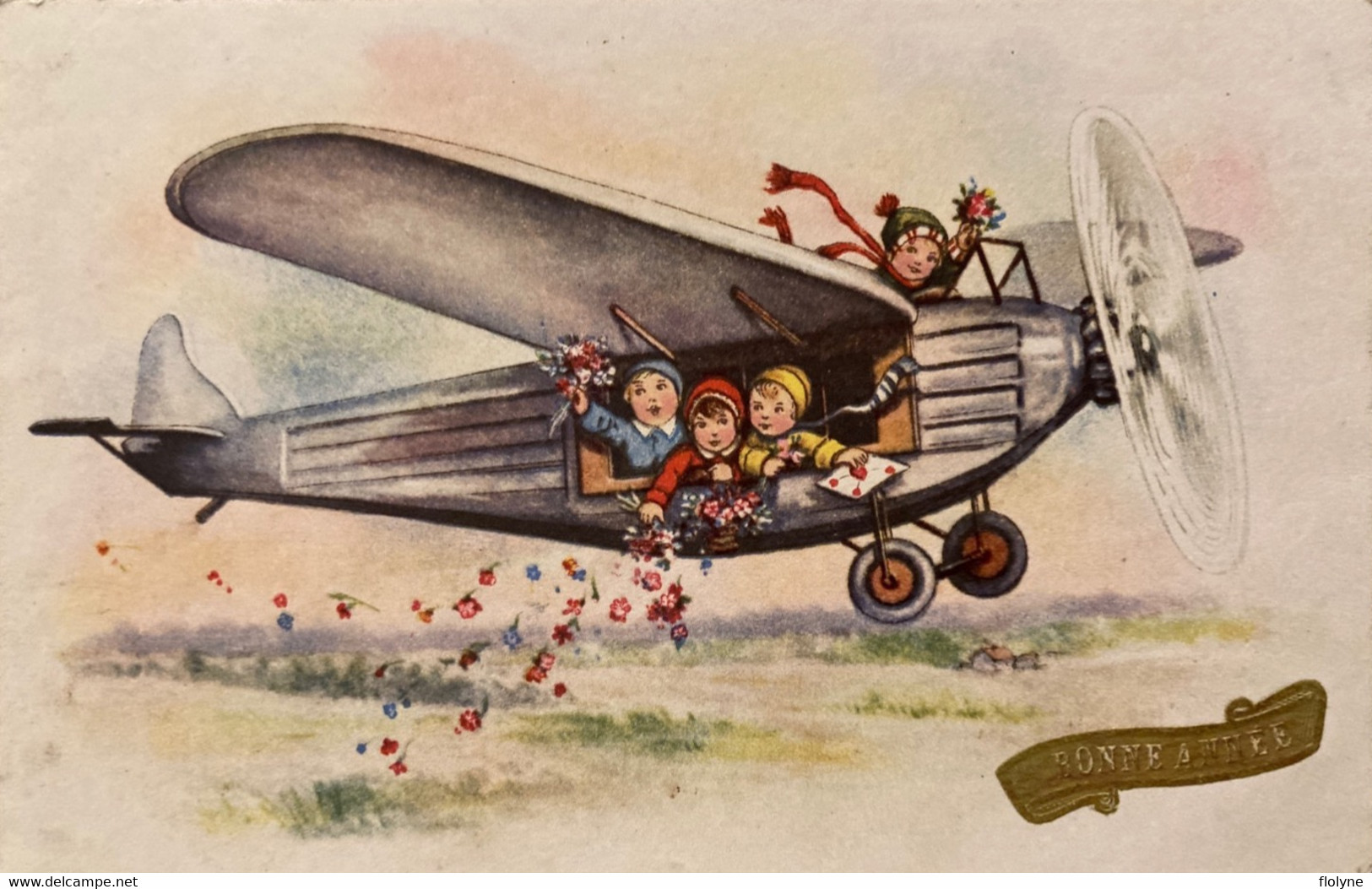 Cpa Illustrateur - Bonne Année - Enfant Lançant Des Fleurs D’un Avion - Aviation - Children Plane Flowers - 1900-1949
