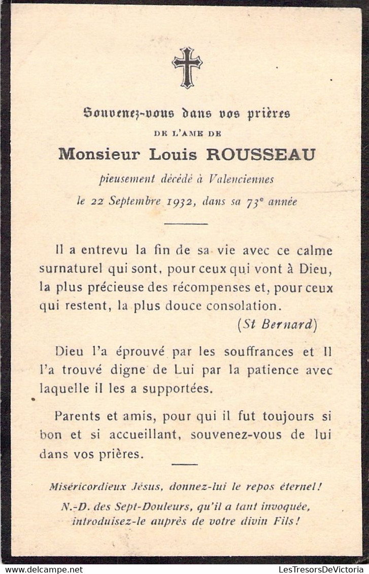 Avis De Déces - Image Pieuse - Louis Rousseau à Valenciennes Le 22 Septembre 1932 - 73 Ans - Todesanzeige