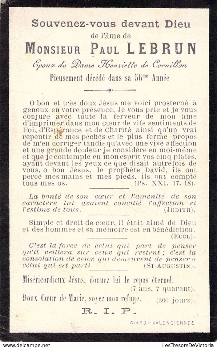 Avis De Déces - Image Pieuse - Paul Lebrun époux De Henriette De Cor,illon - 56 Ans - Valenciennes - Todesanzeige