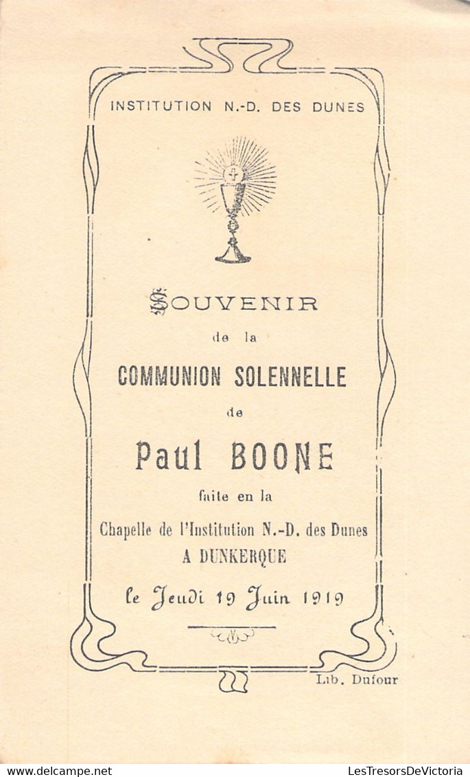 Souvenir Image Pieuse Communion Solennelle Paul Boone - Dunkerque - 19 Juin 1919 - Kommunion Und Konfirmazion