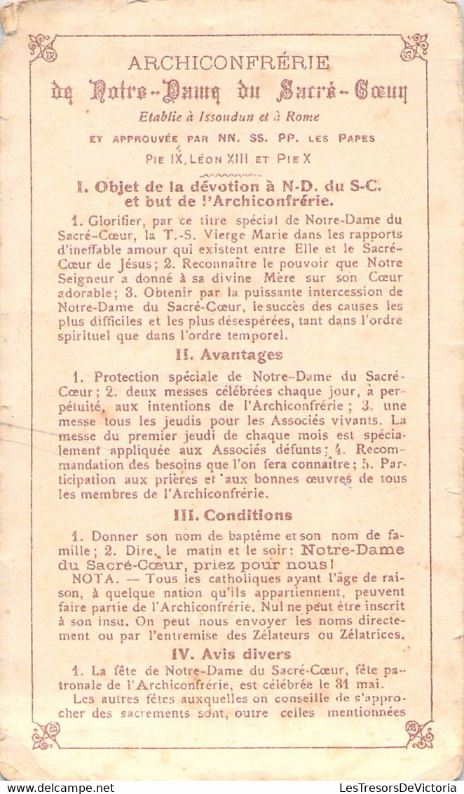 Souvenir Image Pieuse Archiconfrérie De Notre Dame Du Sacré Cœur - Billet D'admission - Otros & Sin Clasificación