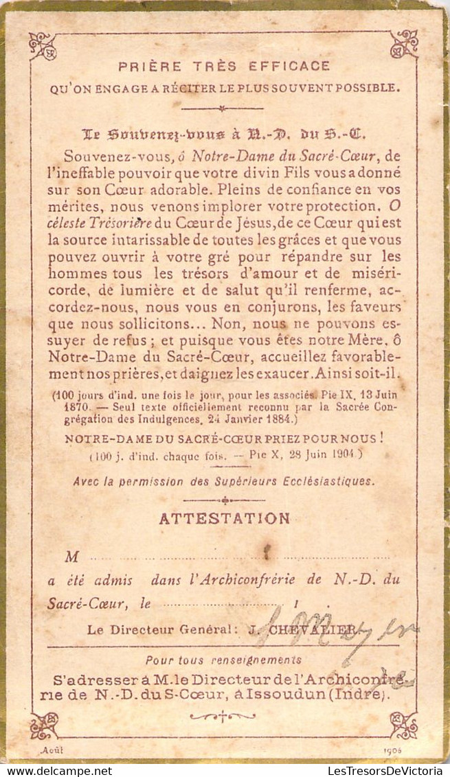 Souvenir Image Pieuse Archiconfrérie De Notre Dame Du Sacré Cœur - Billet D'admission - Autres & Non Classés