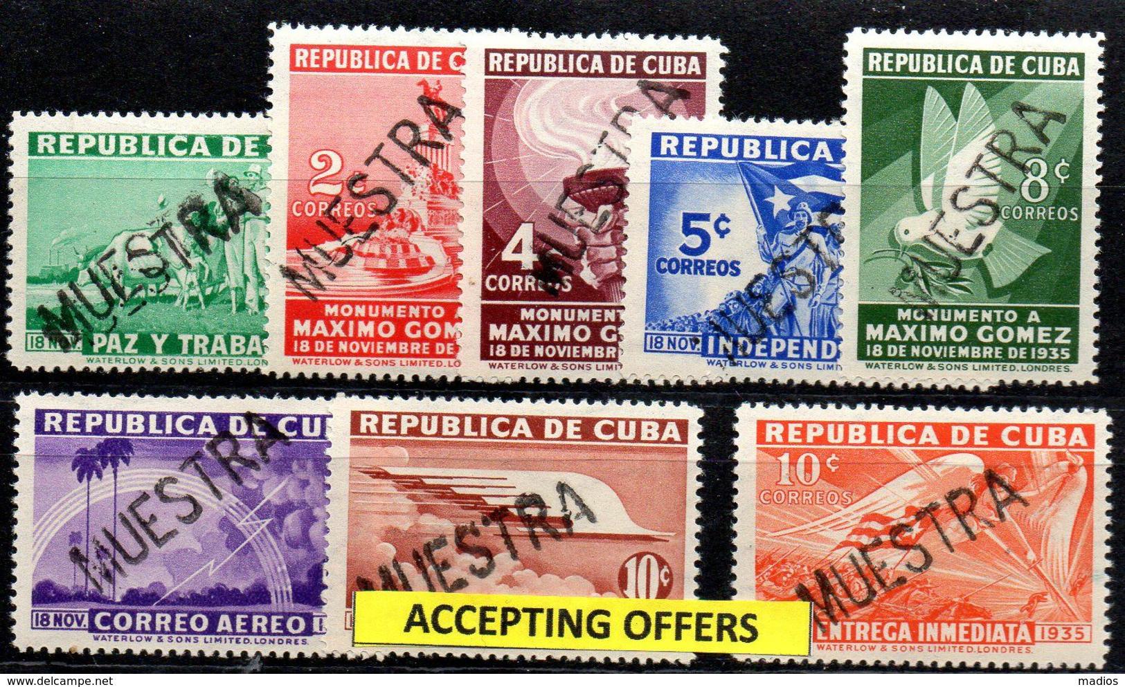 30004   Cuba 1936 Gen. Maximo Gomez Complete Set Hand Stamped "Muestra . - Geschnittene, Druckproben Und Abarten