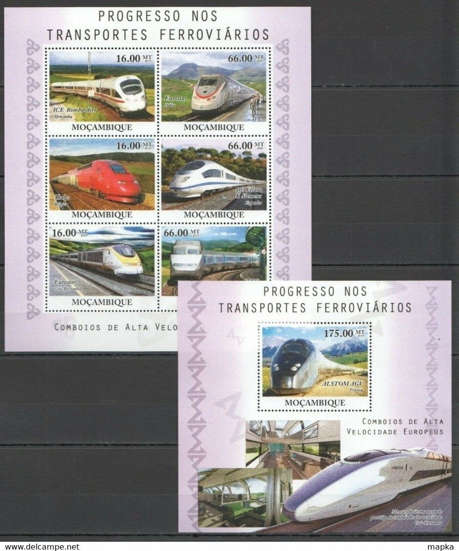 BC1143 2010 MOZAMBIQUE TRAINS PROGRESSO NOS TRANSPORTES FERROVIARIOS BL+KB MNH - Trains