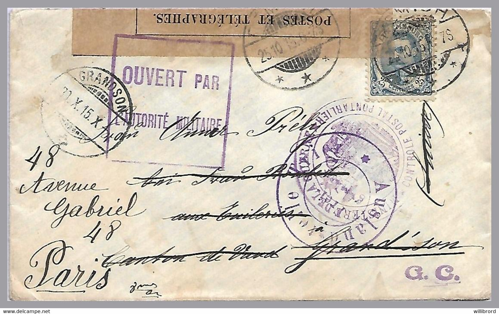 LUXEMBOURG - 1915 25c Wm IV Cvr - German & French Censors - Switzerland Forwarded To Paris - 1906 William IV